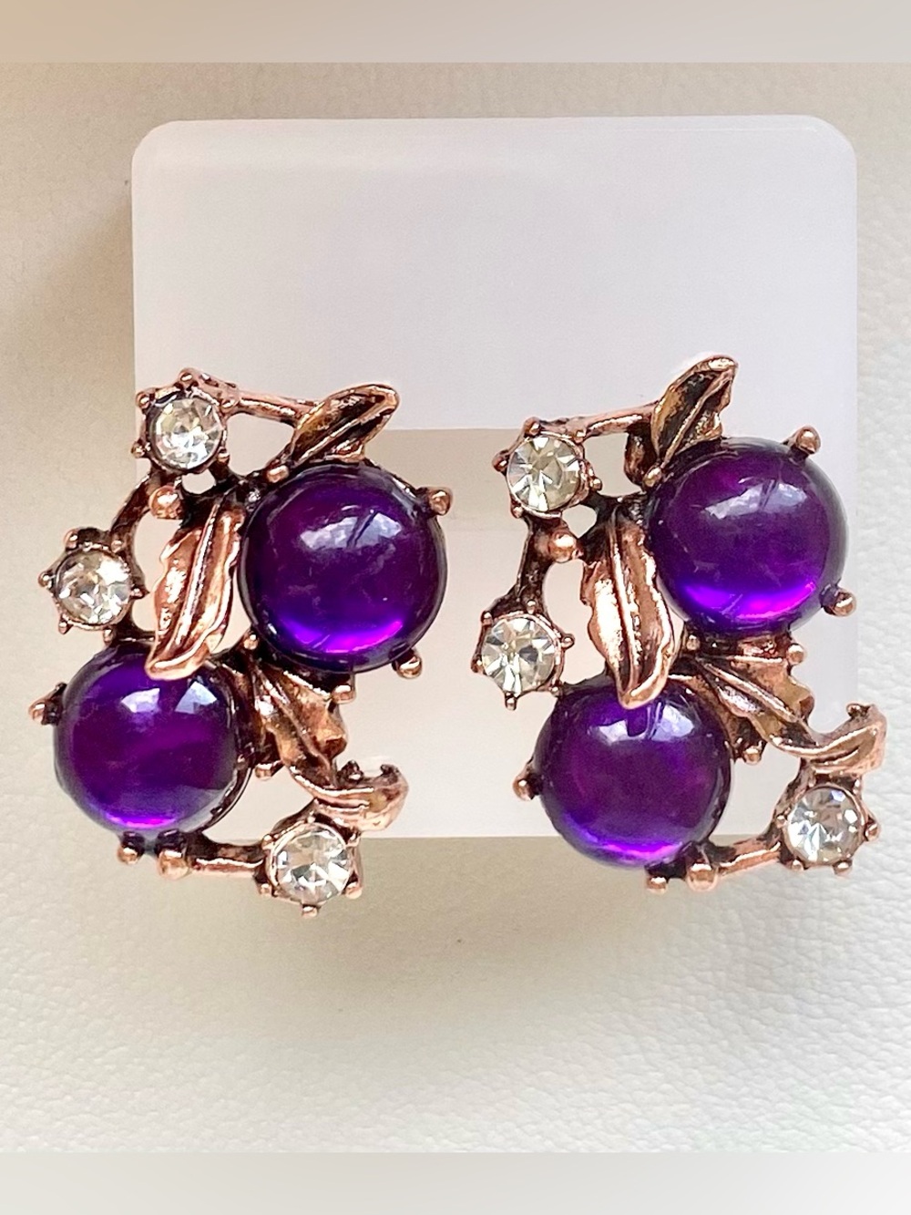 Purple Cabochon & Crystal Floral Earrings